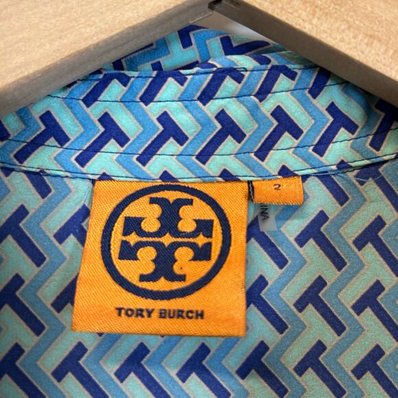 Tory Burch Blue Geometric Print Belted Button Down Silk Dress Women’s Size 2 - Picture 2 of 9